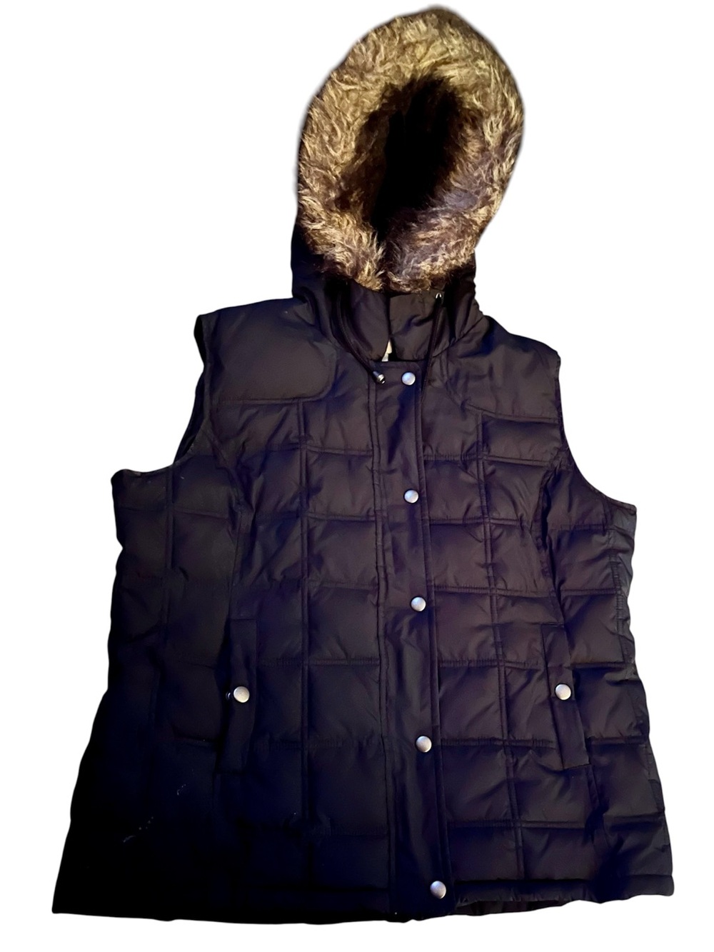 GAP Black Quilted Hooded Puffer Vest with Faux-Fur Trim